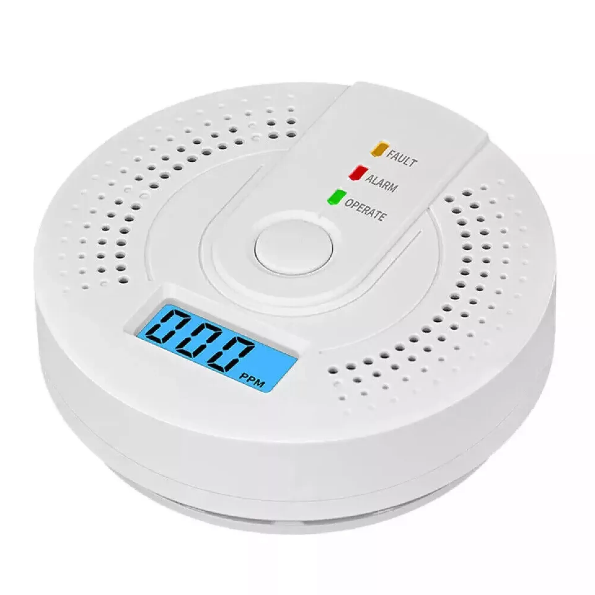 Weißes rundes Gerät mit Digitalanzeige (000 PPM). Anzeigen für Fehler, Alarm, Betrieb.