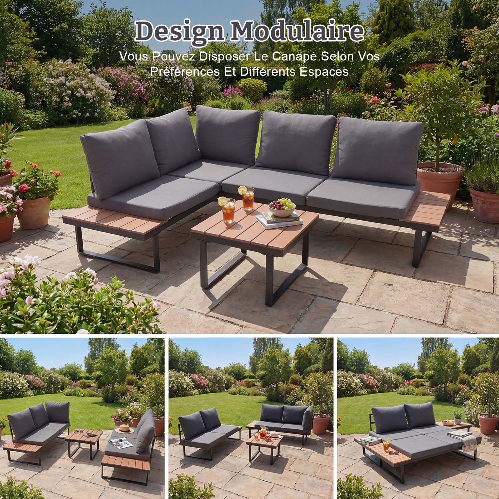 Modern outdoor lounge with grey cushions and wood accents on a paved patio.