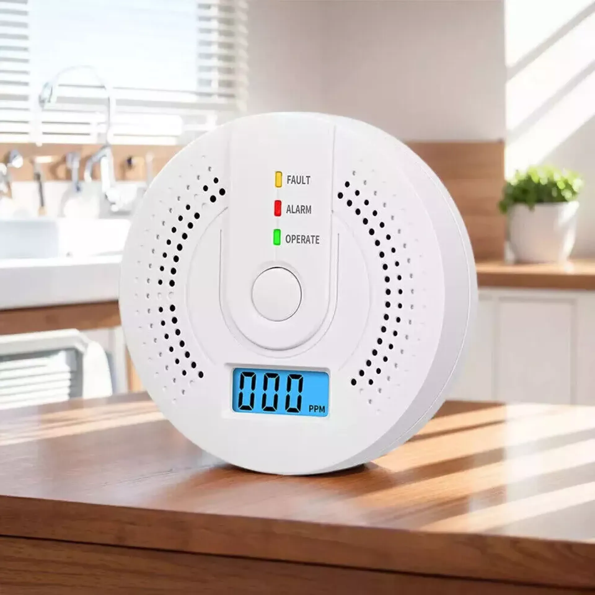 Ein weißer Rauchmelder mit digitaler Anzeige und drei LED-Leuchten steht auf einem Holztisch.