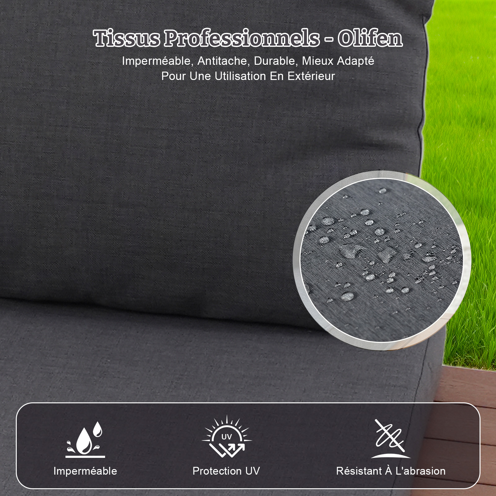 Dark grey fabric with water drops, UV protection & abrasion resistance icons.