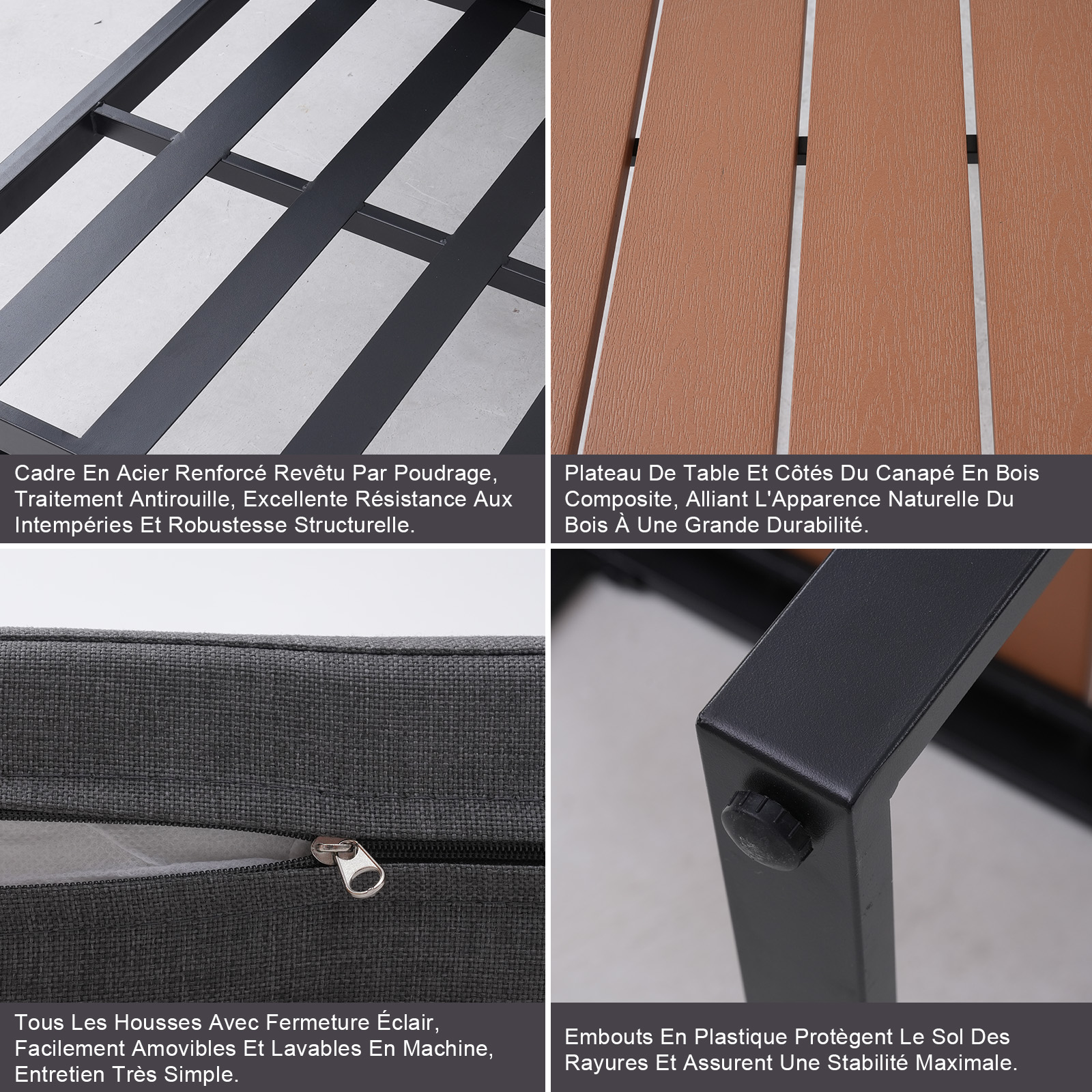 Powder-coated steel frame, rustproof, weatherproof, sturdy. Wood-look tabletop.