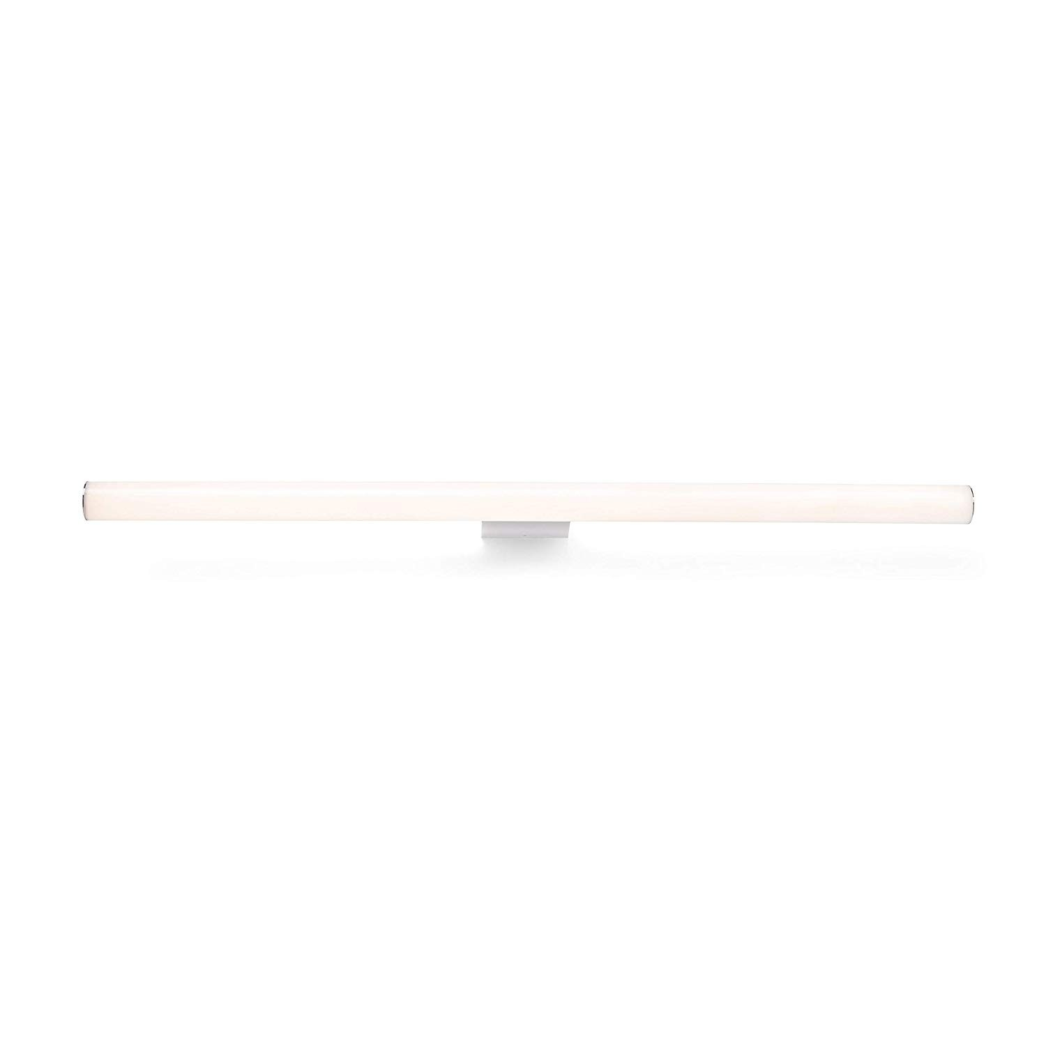 Una lunga lampada da parete sottile e illuminata con base argentata.