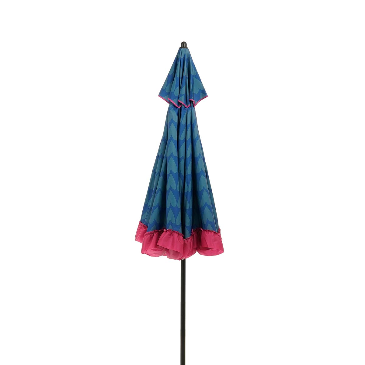 A blue umbrella with a heart pattern and pink ruffled edge, standing on a black pole.