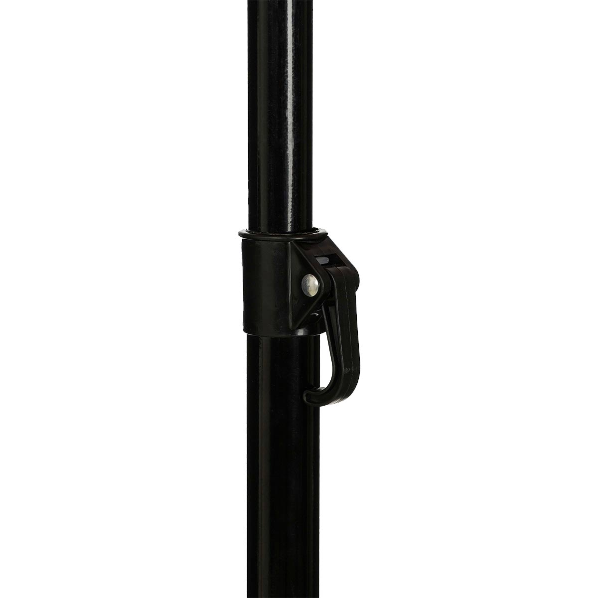 Close-up of a black pole with a black locking mechanism.
