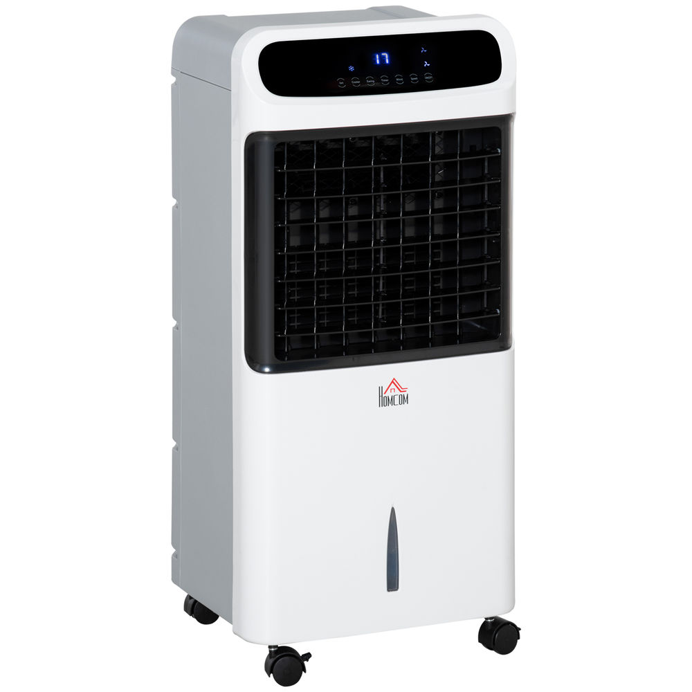 Un enfriador de aire blanco y vertical con rejilla de ventilación negra y pantalla digital.