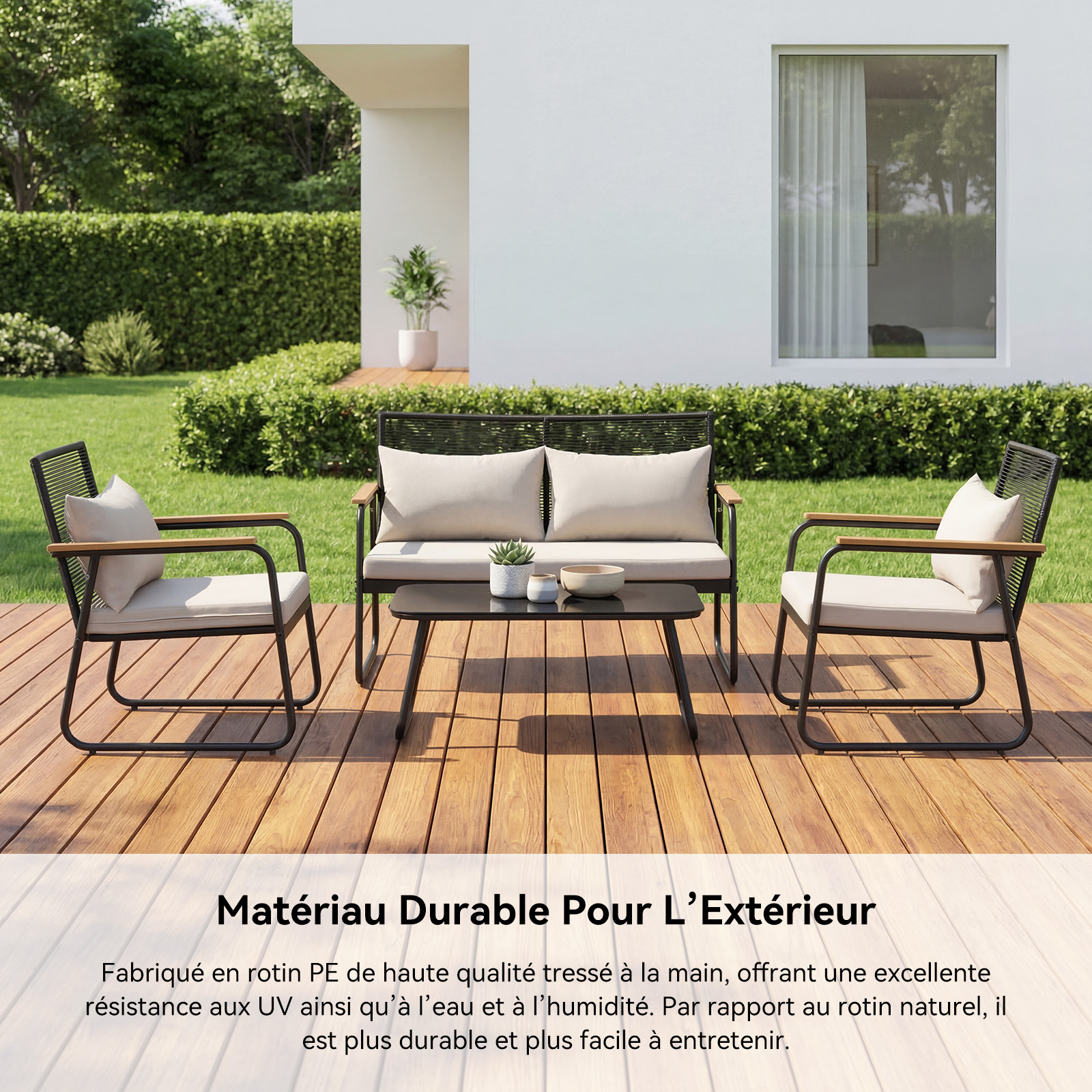 Outdoor furniture set with two chairs, a bench, and a table on a wooden deck.