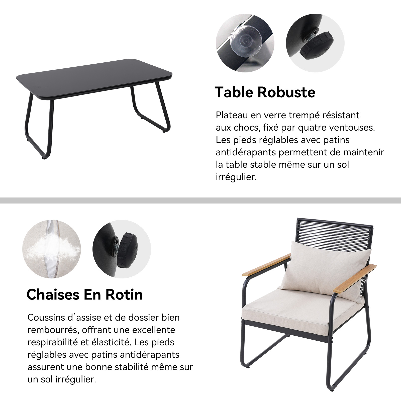 A black table with a glass top and metal legs, and a chair with cushions.