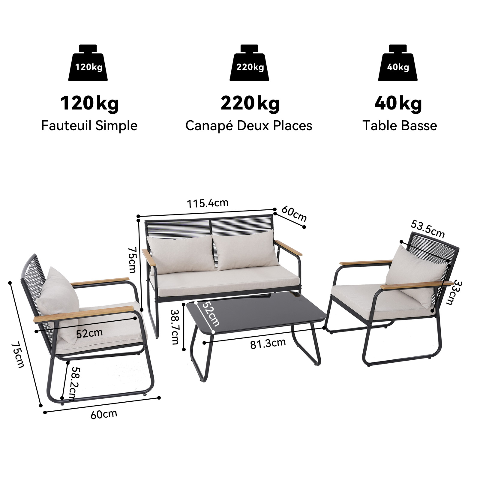 Outdoor furniture set: sofa, 2 armchairs, coffee table. Black and beige.