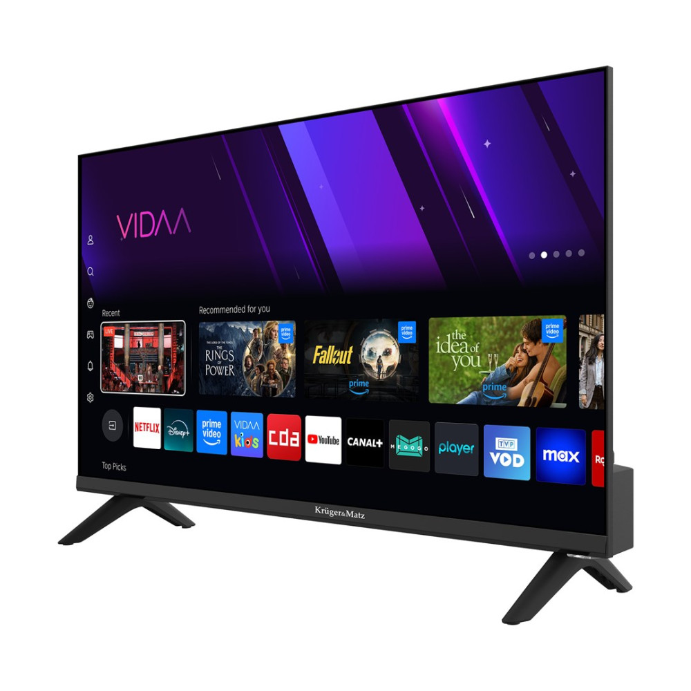 Nowoczesny telewizor z interfejsem VIDAA i ikonami aplikacji.