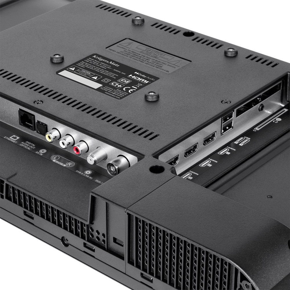 Tył telewizora z portami takimi jak HDMI, USB i wejścia AV.