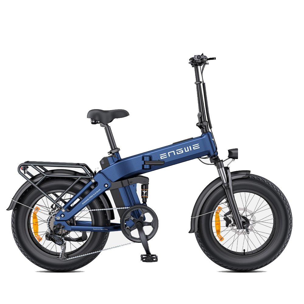 Bicicleta eléctrica plegable azul con portaequipajes trasero, fondo blanco.