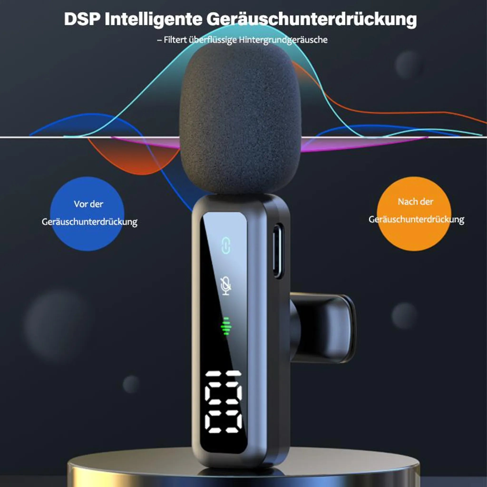 Schwarz-graues Mikrofon mit Display zeigt DSP-Rauschunterdrückung an.