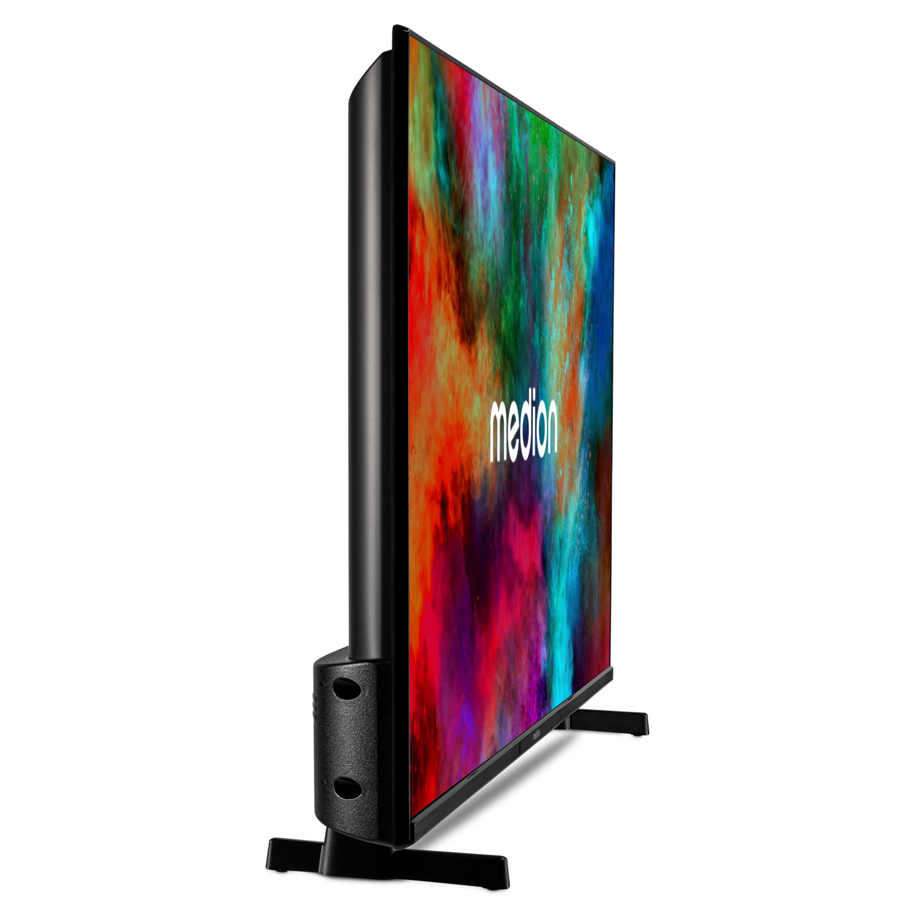 Een zwarte televisie met een kleurrijk, abstract beeld op het scherm.