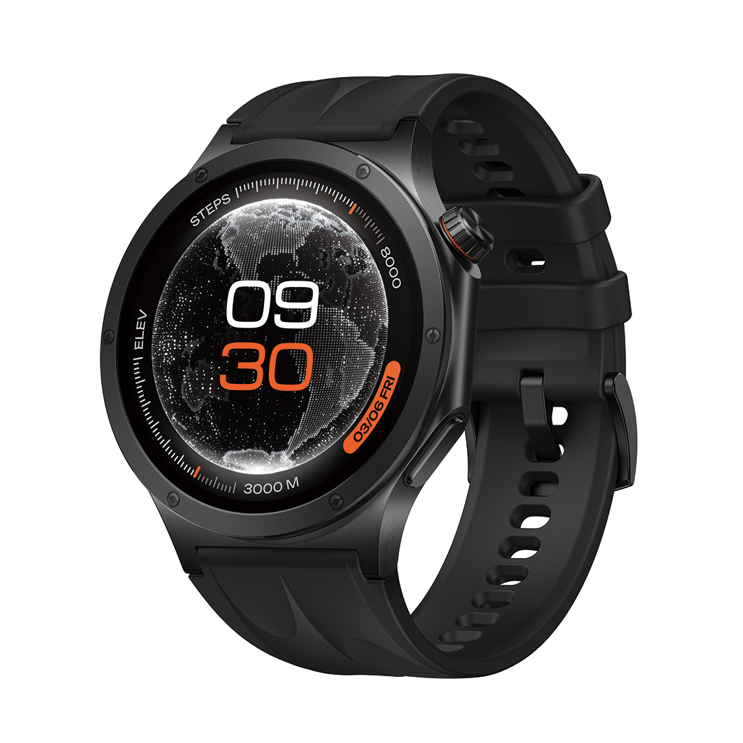 Schwarze Smartwatch mit rundem Display, Uhrzeit 09:30, Datum, Schritte, Höhe und Distanz.