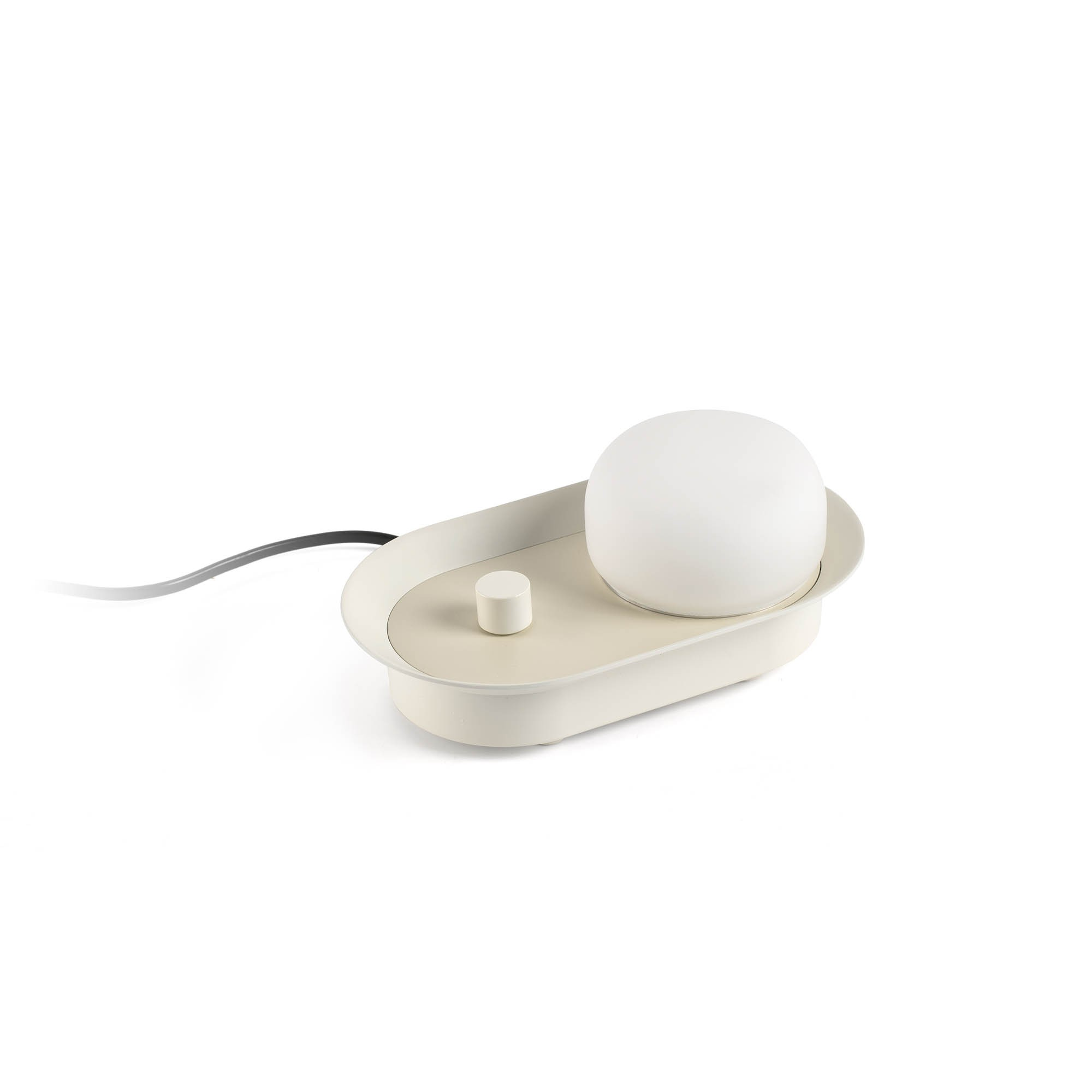 Un diffusore rotondo bianco su una base ovale con una piccola manopola e un cavo.