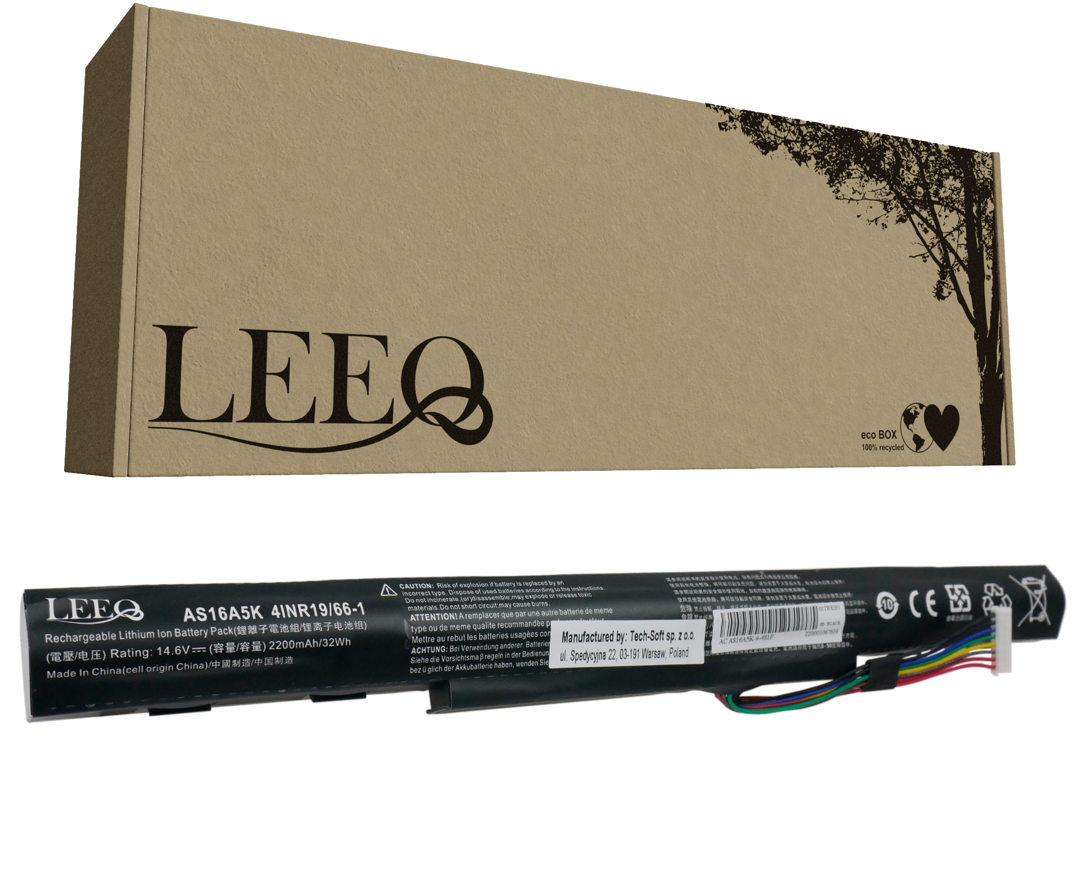 Brązowe pudełko z logo LEEQ i motywem drzewa, nad baterią laptopa.