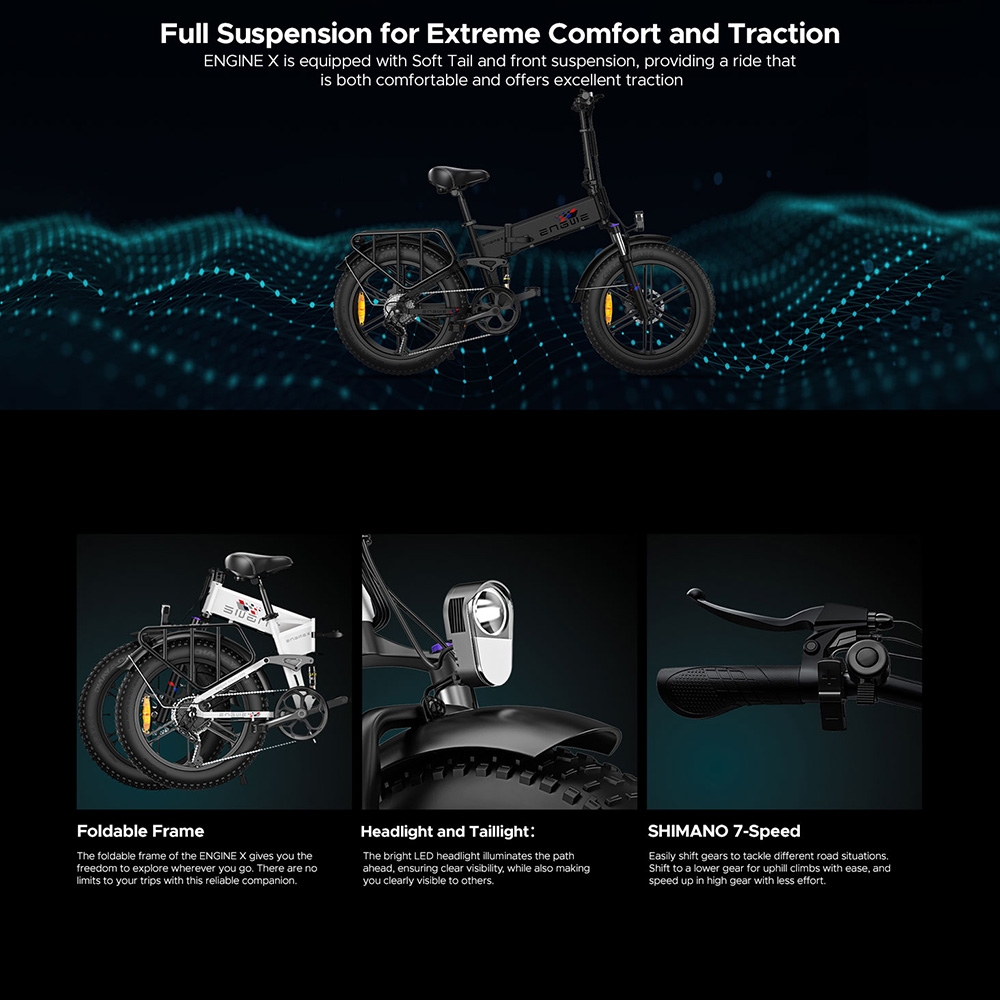 Czarny rower elektryczny z pełnym zawieszeniem, składaną ramą, światłem LED i przerzutką Shimano.