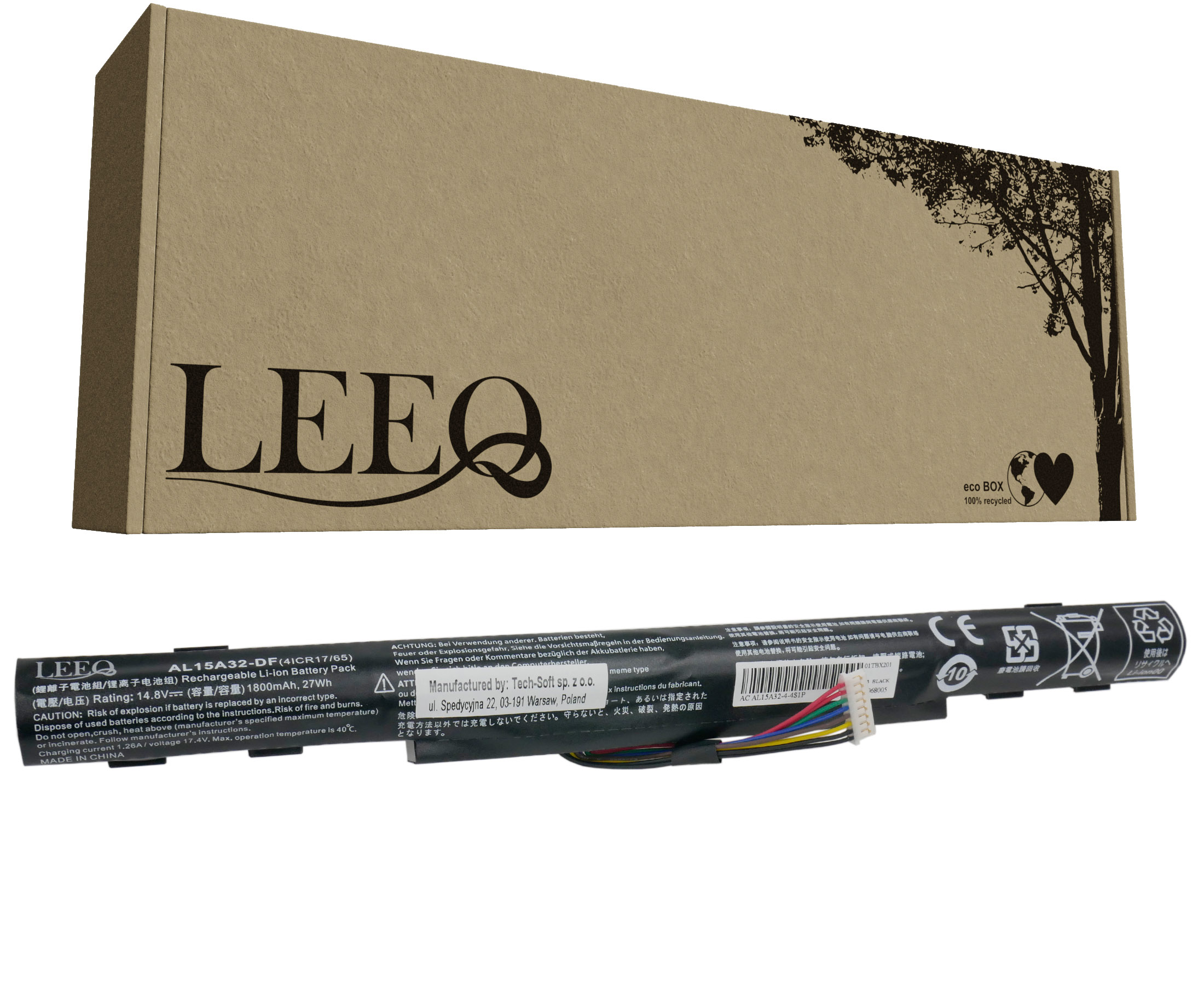 Bateria do laptopa z logo LEEQ i nadrukiem "eco BOX" na brązowym opakowaniu.