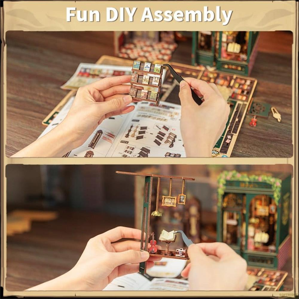 Mains assemblant une étagère miniature et un set de salle de musique avec pince.