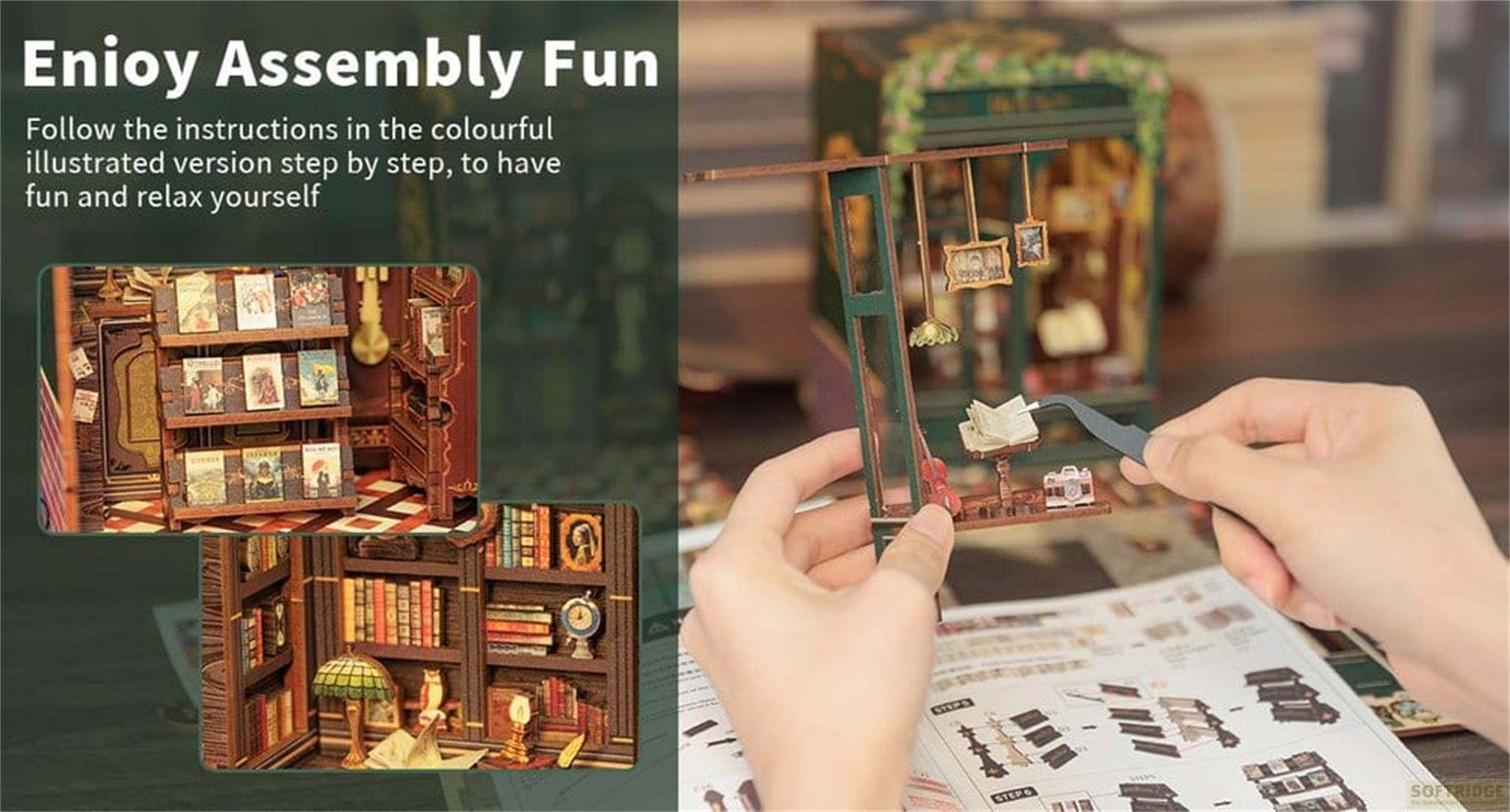 Étagères miniatures et une personne assemblant un modèle miniature avec des pinces.
