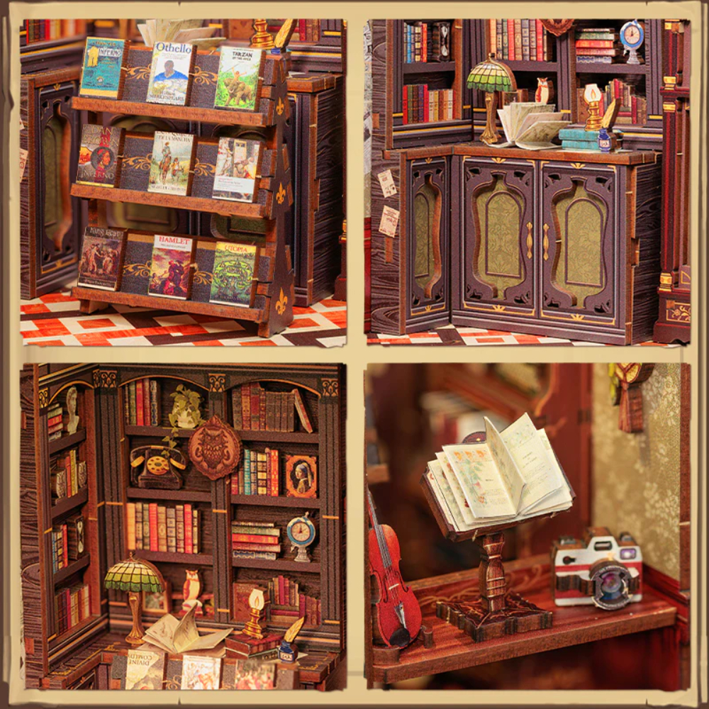 Scène de bibliothèque miniature avec livres sur étagères, bureau, violon et appareil photo.
