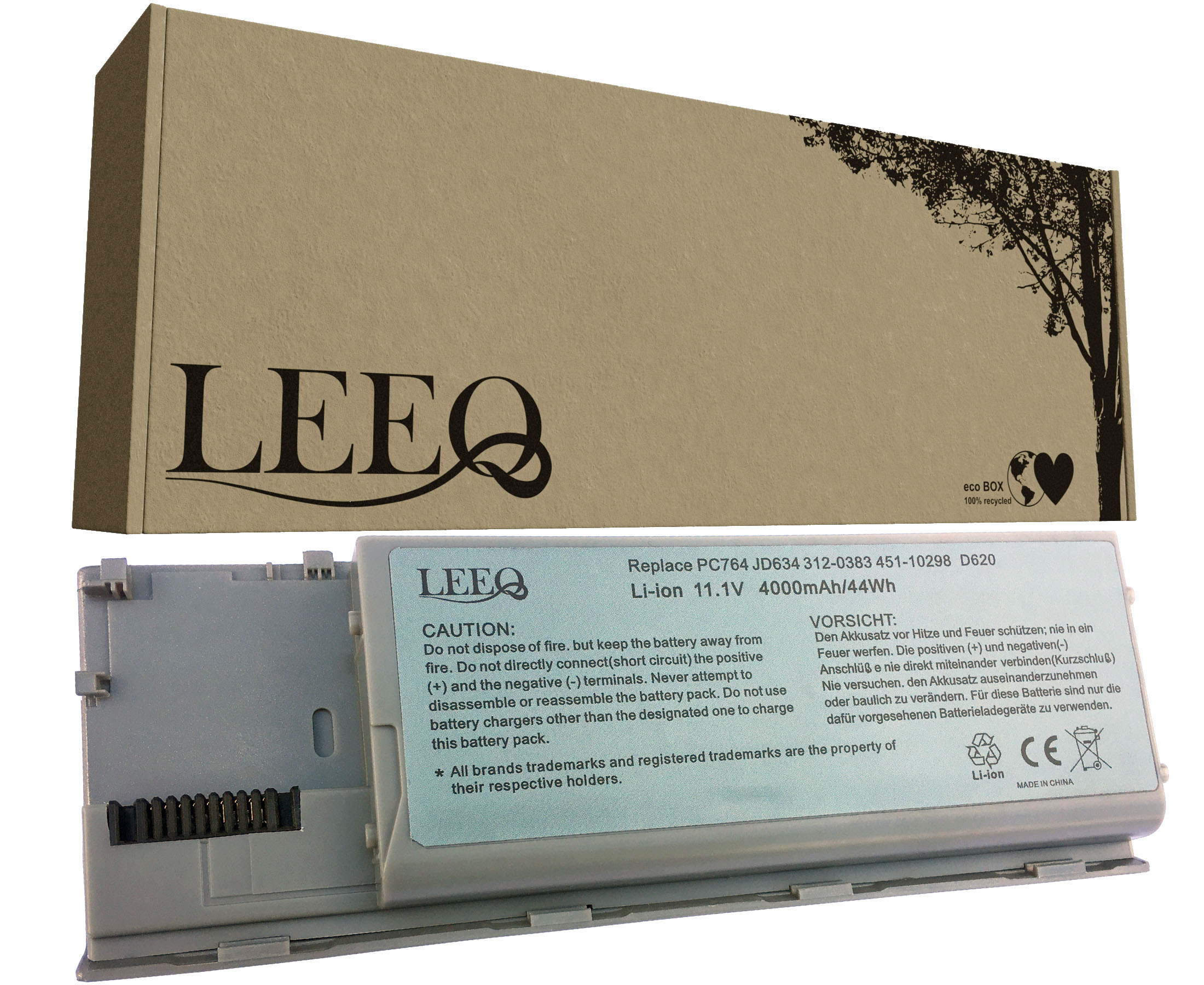 Akumulator Li-Ion LEEQ z ostrzeżeniami i logo "eco BOX".