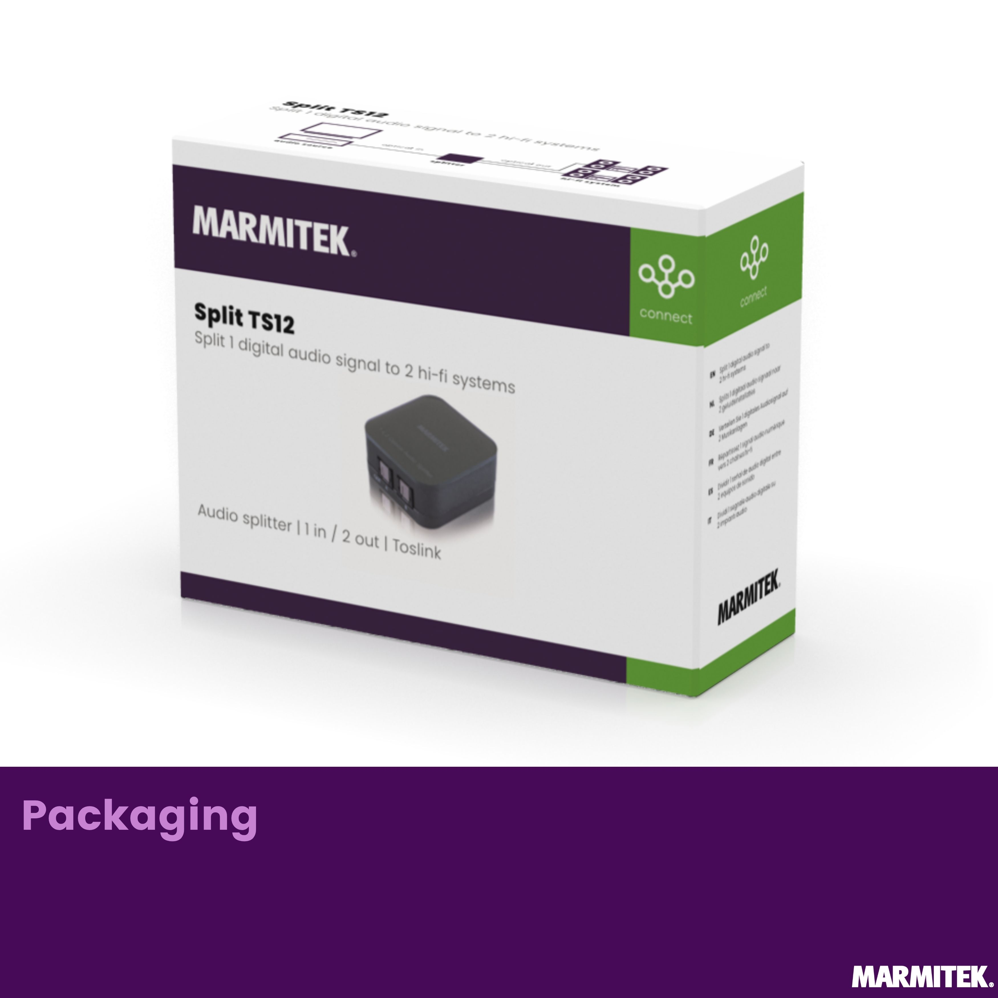Marmitek Split TS12 audio splitter packaging with product image.