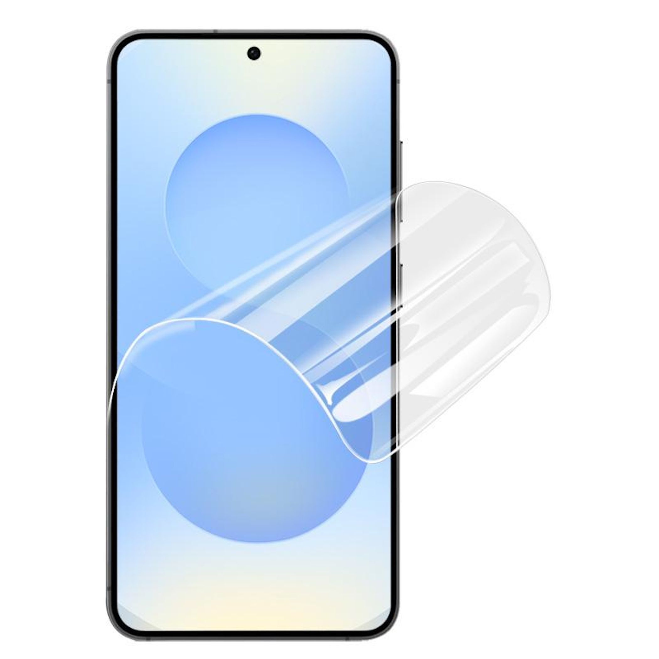 Una protezione schermo trasparente viene applicata a uno smartphone con sfondo blu.