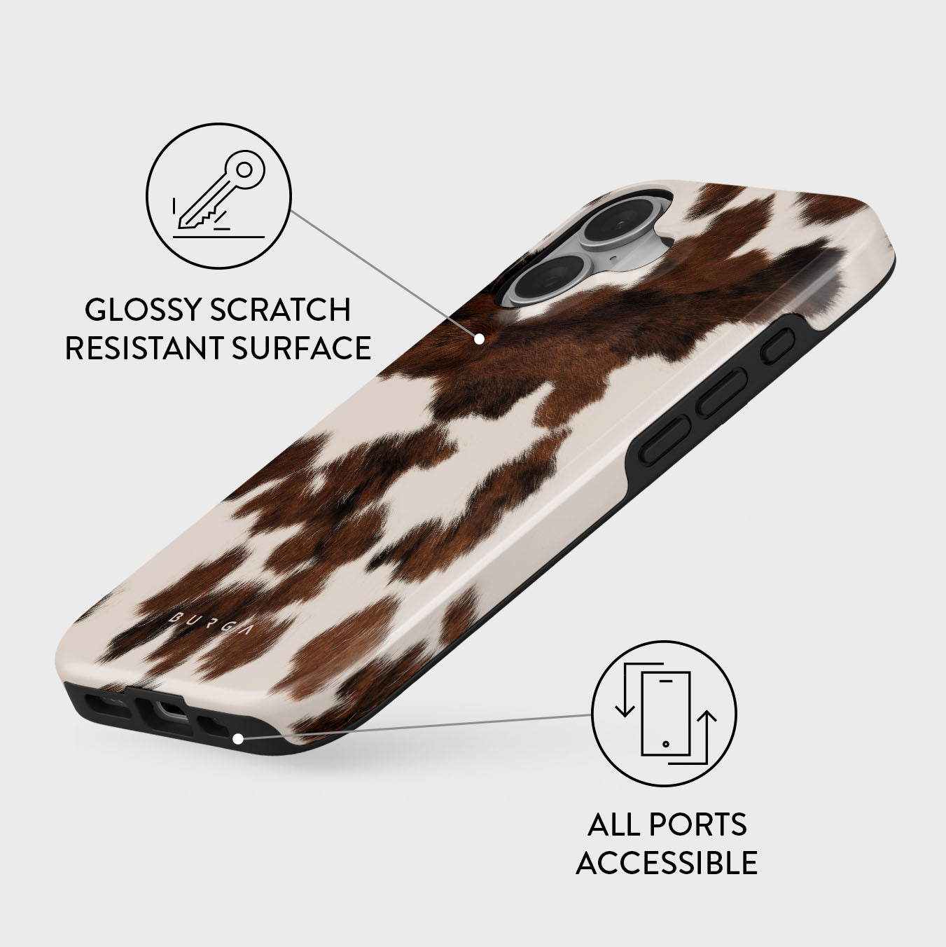 iPhone hoesje met koeienhuidpatroon, glanzend en krasbestendig.