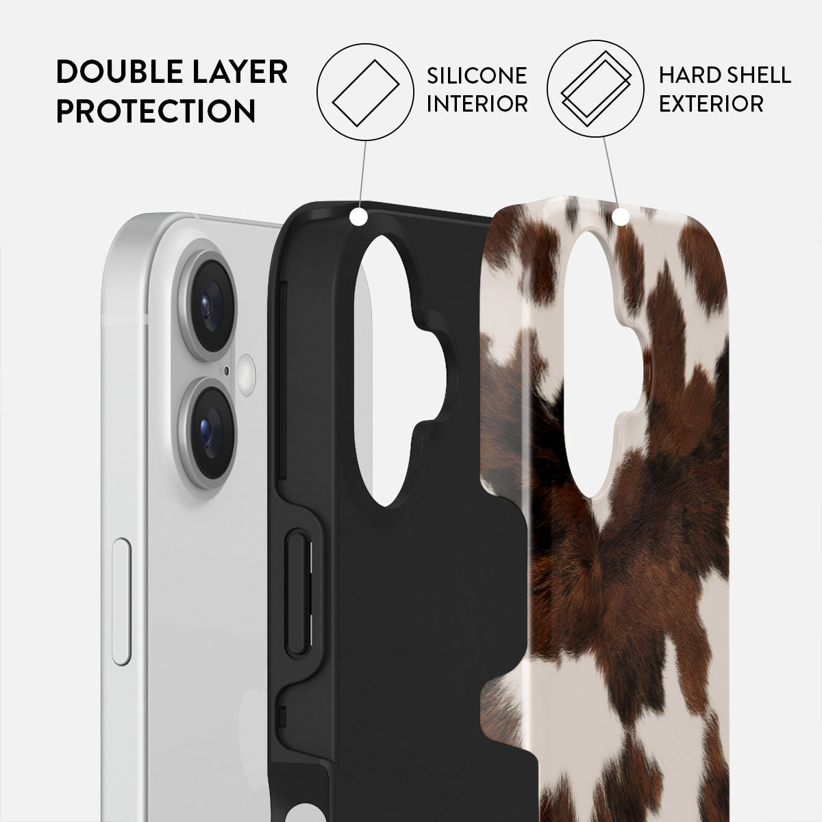 Een telefoonhoesje met koeienhuidpatroon dat dubbele bescherming toont.