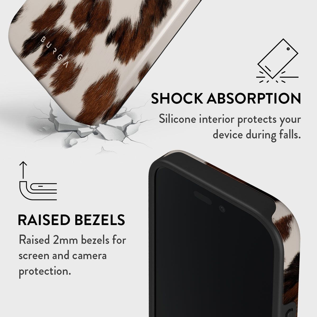 Telefoonhoesje met koeienhuidpatroon, schokabsorptie en verhoogde randen.