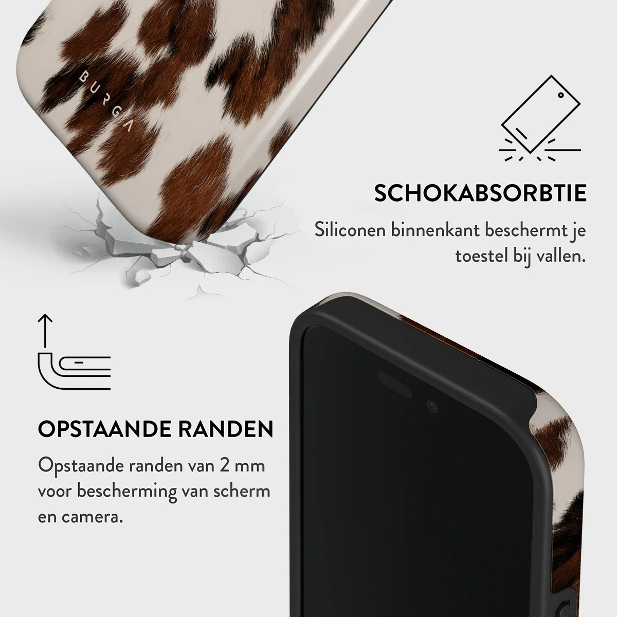 Telefoonhoes met koeienprint, schokabsorberend en verhoogde randen.