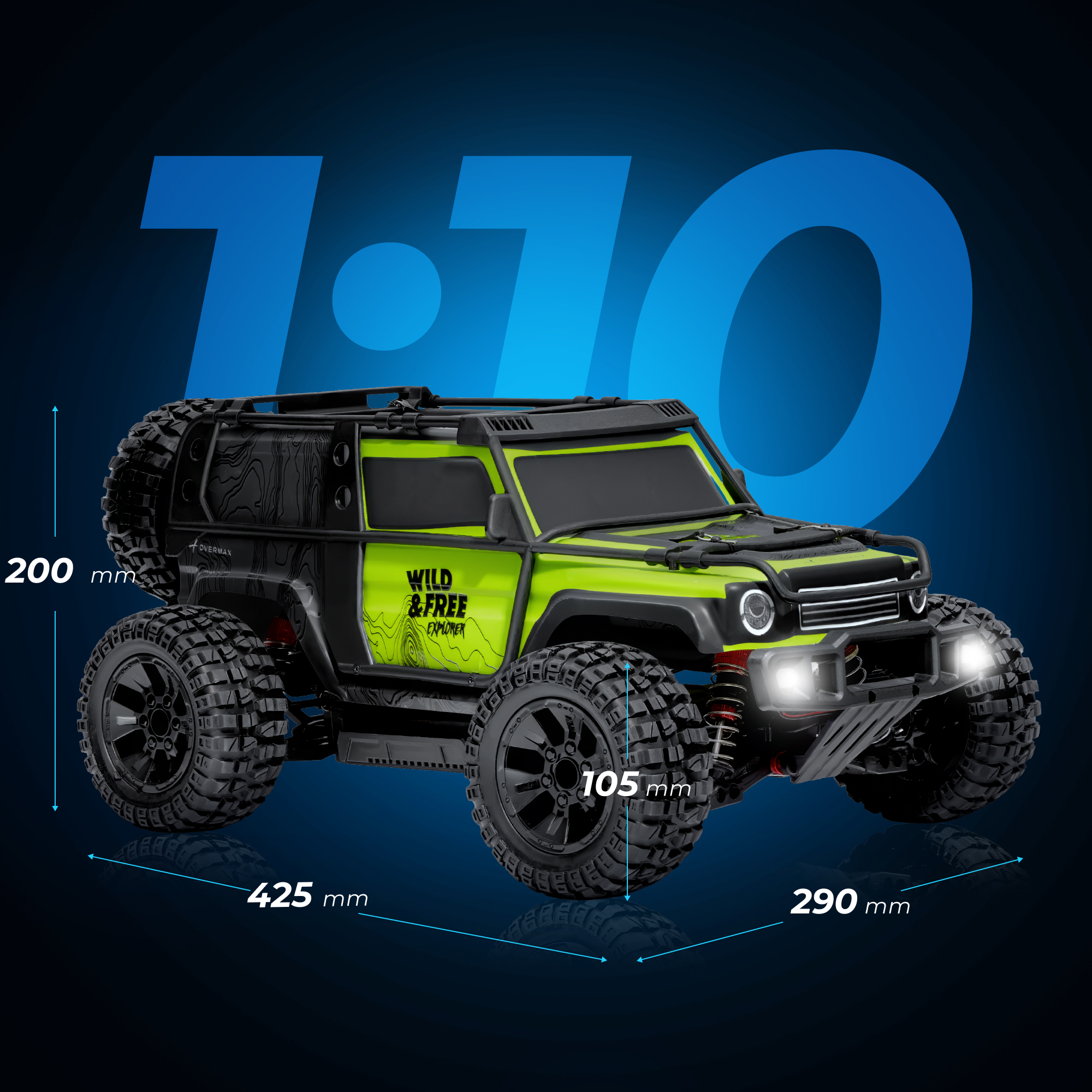 Ein grüner RC-Geländewagen mit großen Reifen und hellen Lichtern.