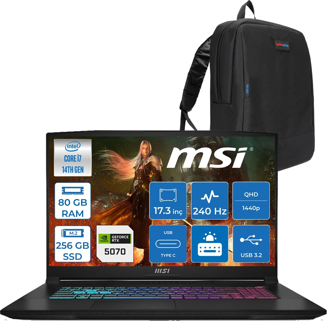 Intel Core i7, 80GB RAM, 256GB SSD, RTX 5070'li MSI dizüstü ve siyah sırt çantası.