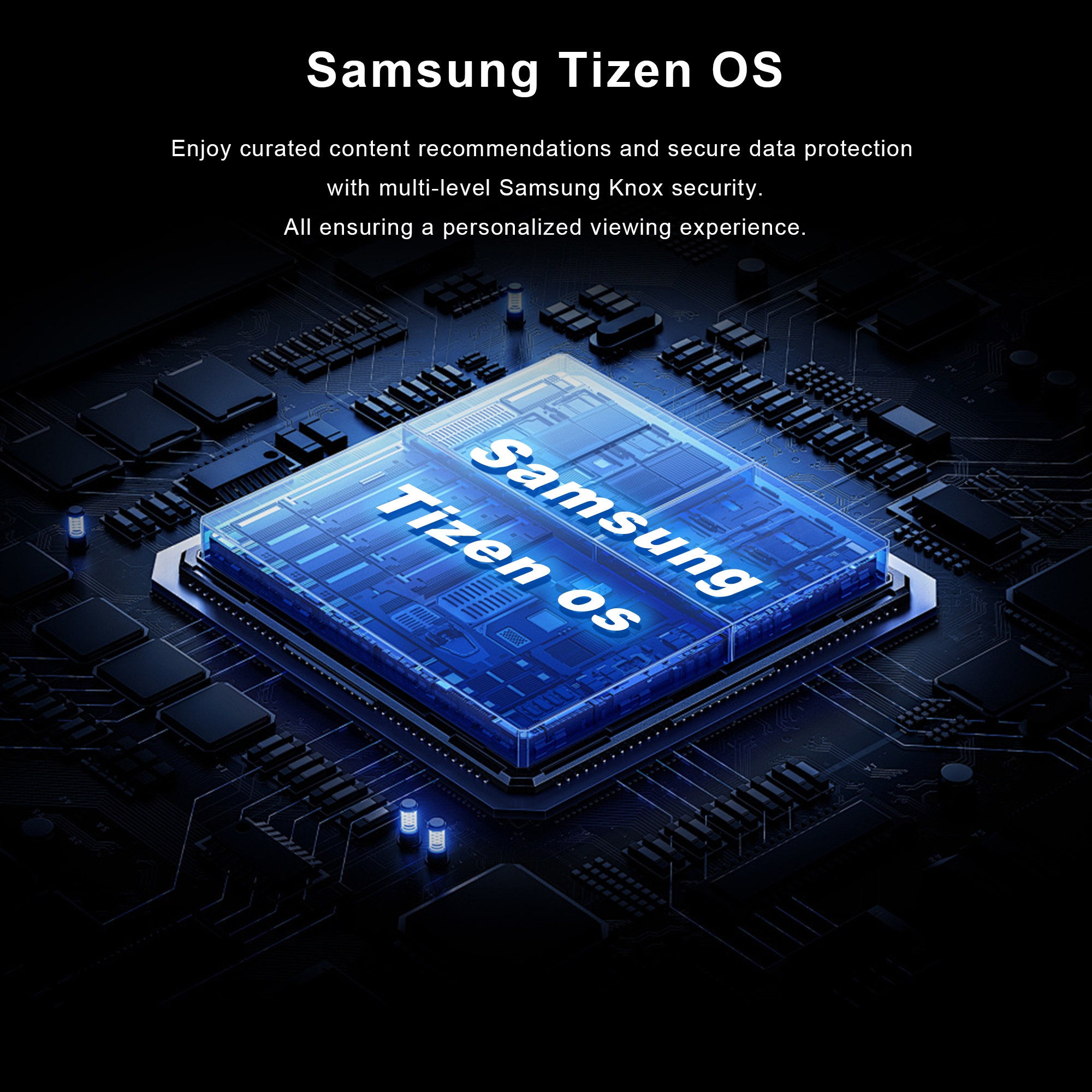 Ein blauer Chip mit der Aufschrift "Samsung Tizen OS" auf einer Leiterplatte.