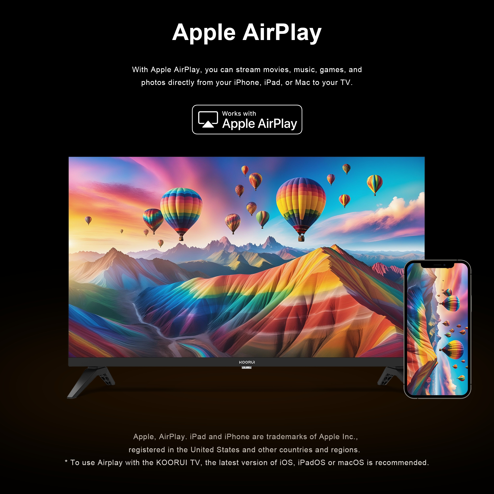 Ein Fernseher und ein Handy zeigen bunte Landschaft mit Heißluftballons.