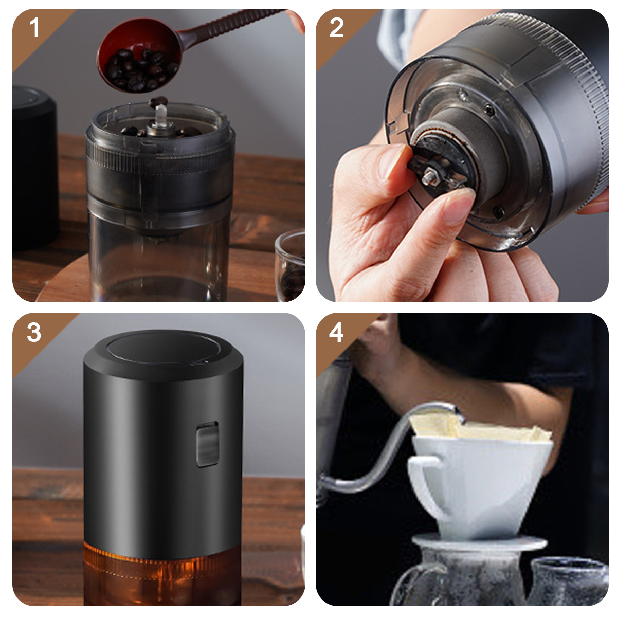 Kaffeebohnen werden in eine Mühle geschüttet, dann wird die Mühle zerlegt und Kaffee gebrüht.