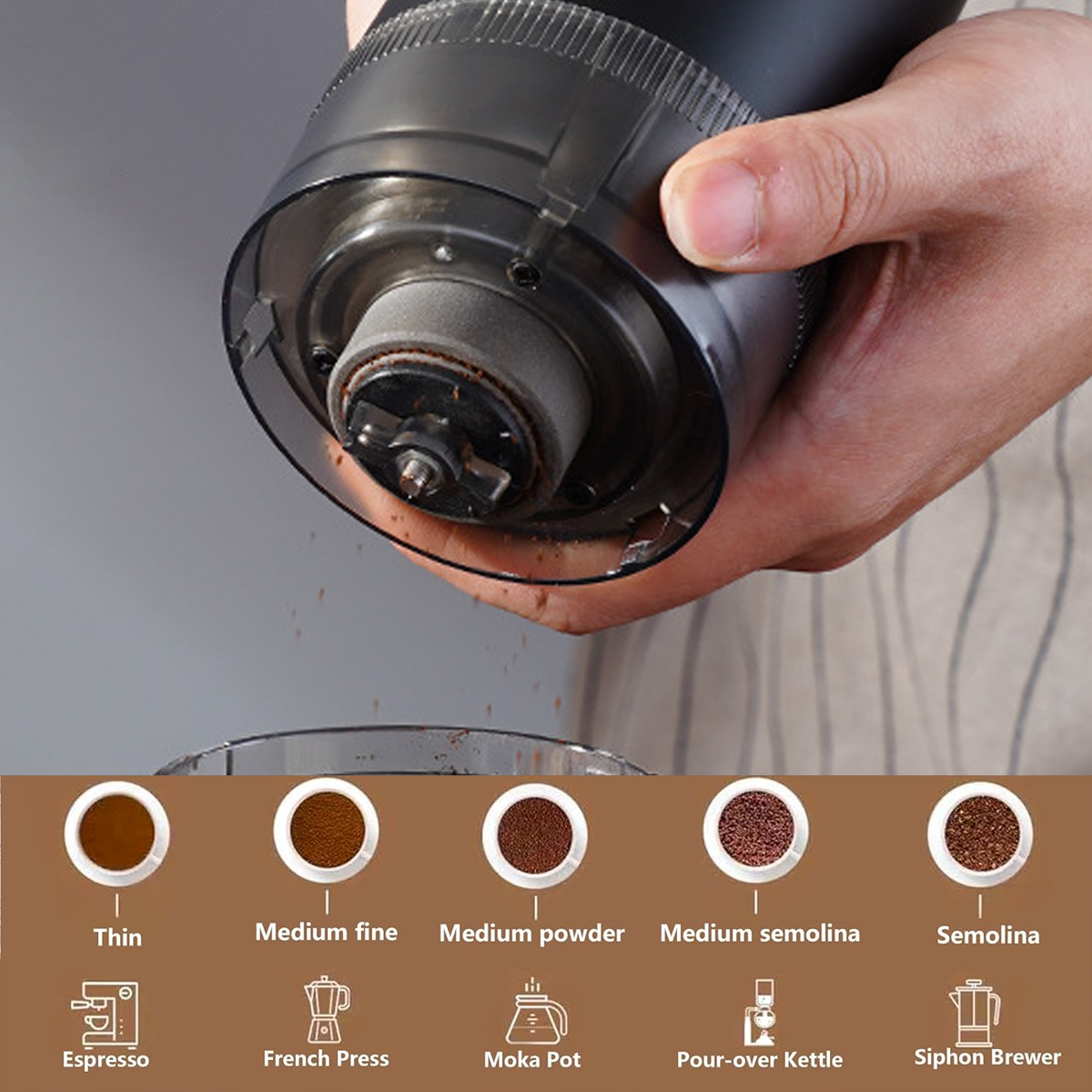Kaffeemühle mahlt Kaffee, verschiedene Mahlgrade für Espresso bis Siphon.
