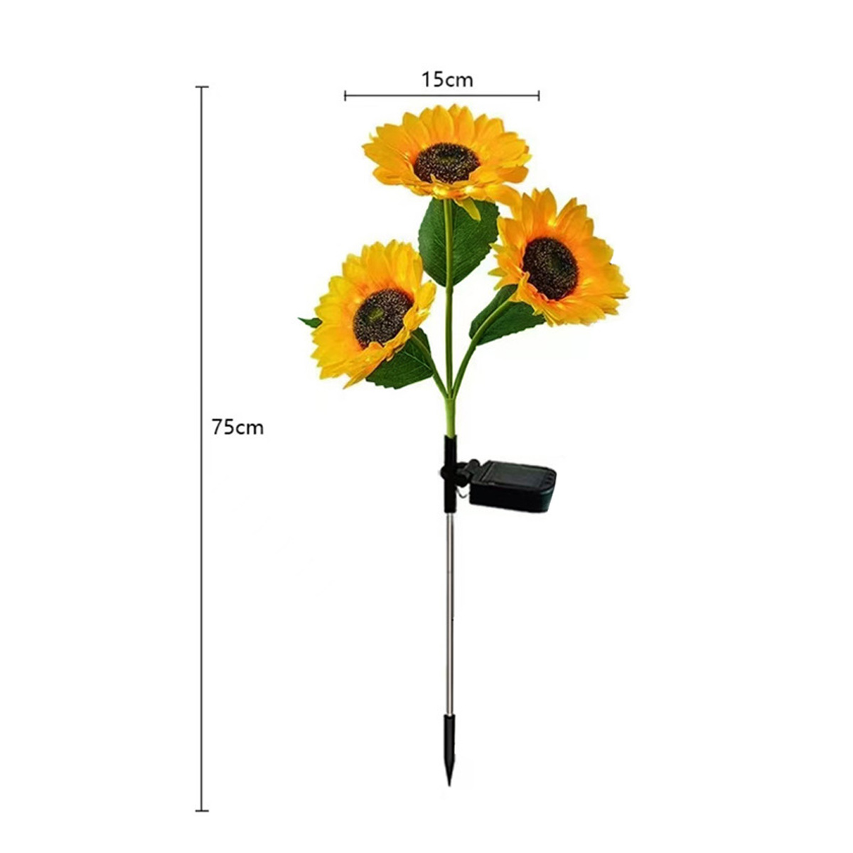 Ein Solarlicht in Form von drei Sonnenblumen, 75 cm hoch, 15 cm breit.