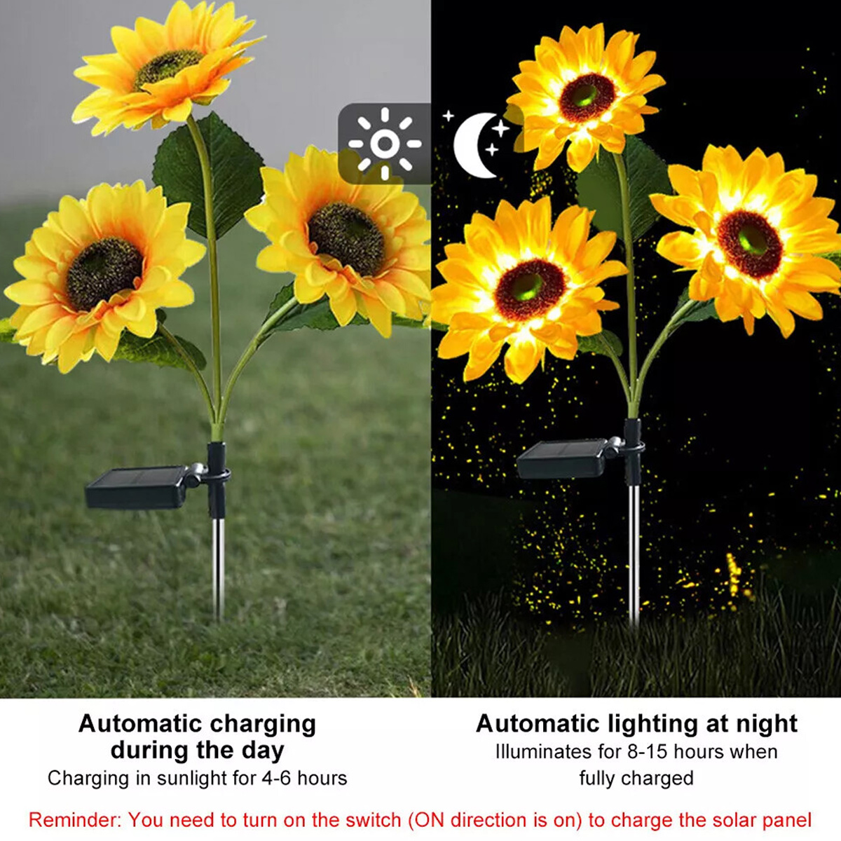 Solarbetriebene Sonnenblumen leuchten nachts; tagsüber laden, nachts beleuchten.