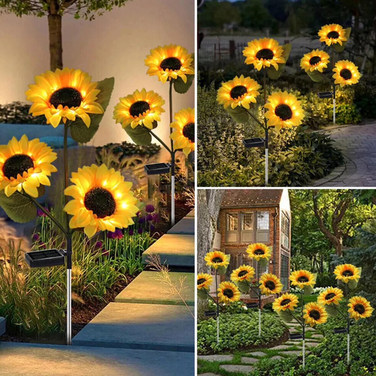 Leuchtende Sonnenblumen-Solarleuchten schmücken Gartenwege und Vorgärten.