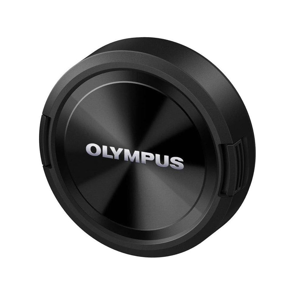 Schwarzer Objektivdeckel mit dem Olympus-Logo in der Mitte.
