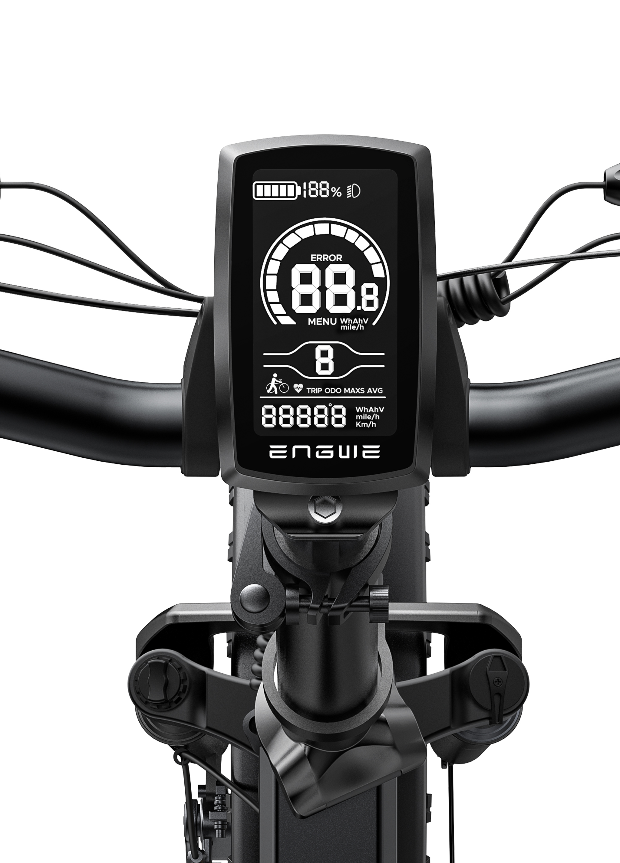 Wyświetlacz roweru pokazuje Błąd 88.8, bieg 8, 88888 km/h, baterię 188%.