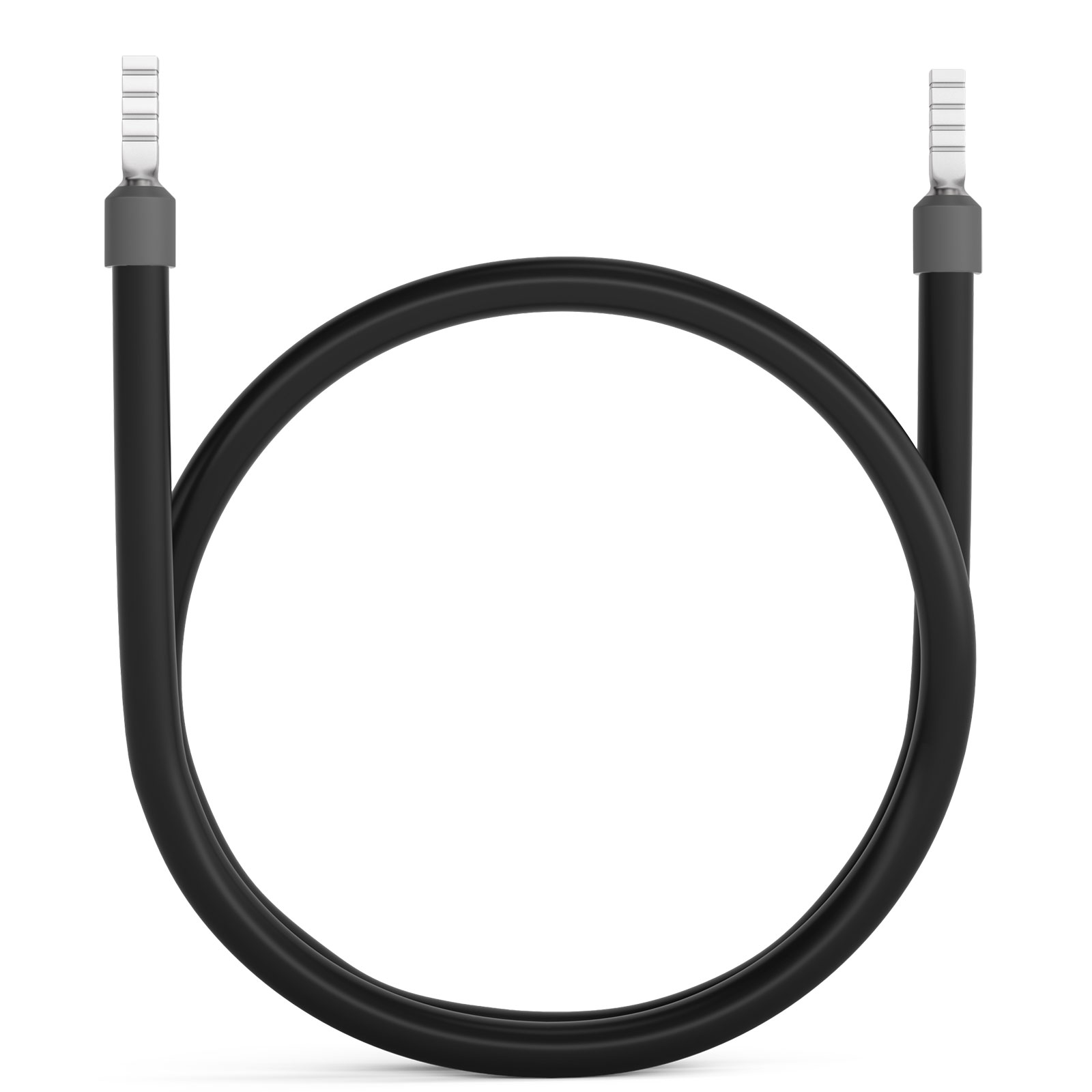 Ein schwarzes Kabel mit zwei silbernen Anschlussklemmen, das einen Kreis bildet.