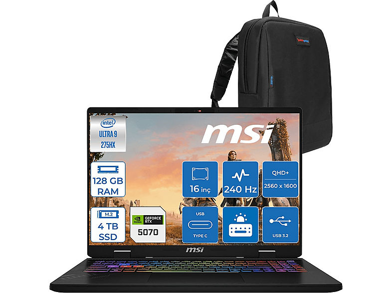 MSI Crosshair 17HX D2XWGKG-017TR RTX5070 W017TRF46128G Intel Core Ultra 9 275HX 128 GB RAM 2 TB SSD 18 inç FreeDOS Laptop+Çanta Siyah