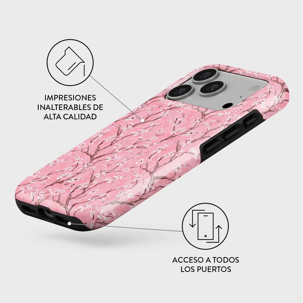 Una funda de teléfono rosa con estampado de flor de cerezo, con iconos de calidad de impresión y acceso a puertos.