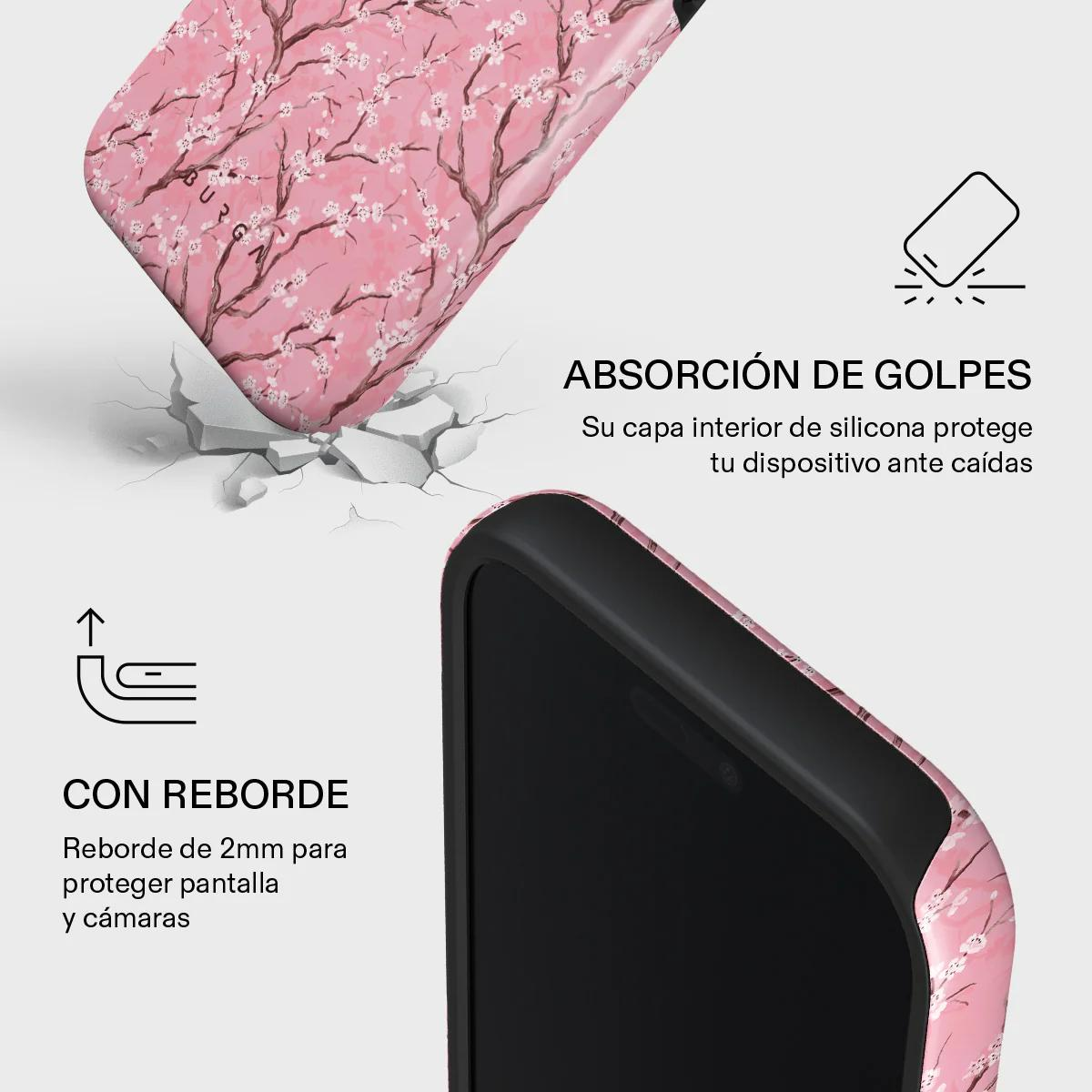 Funda de teléfono con estampado de flor de cerezo. Absorción de impactos y borde elevado.