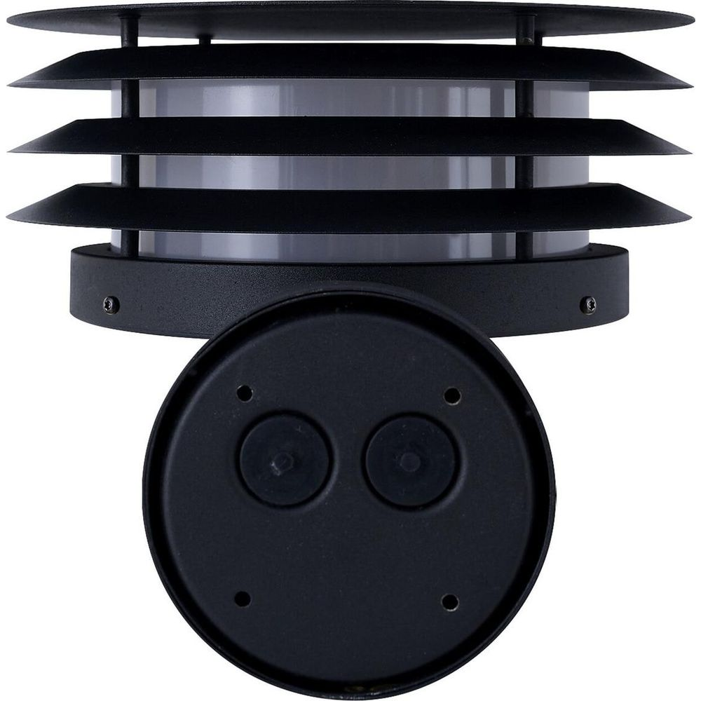 Lampada nera con più lamelle e base rotonda con due manopole.
