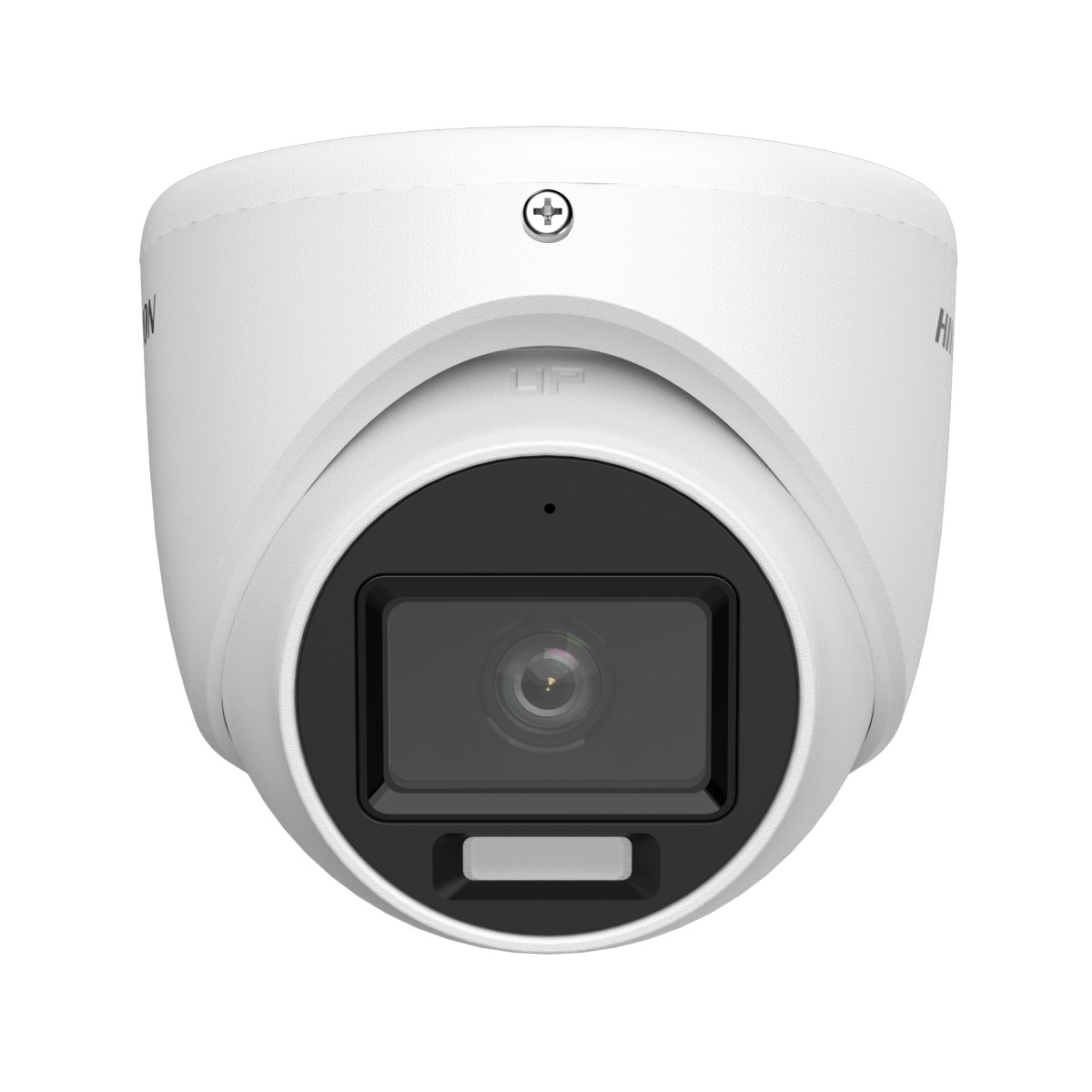 Telecamera di sicurezza a cupola bianca con lente nera e illuminatori IR.