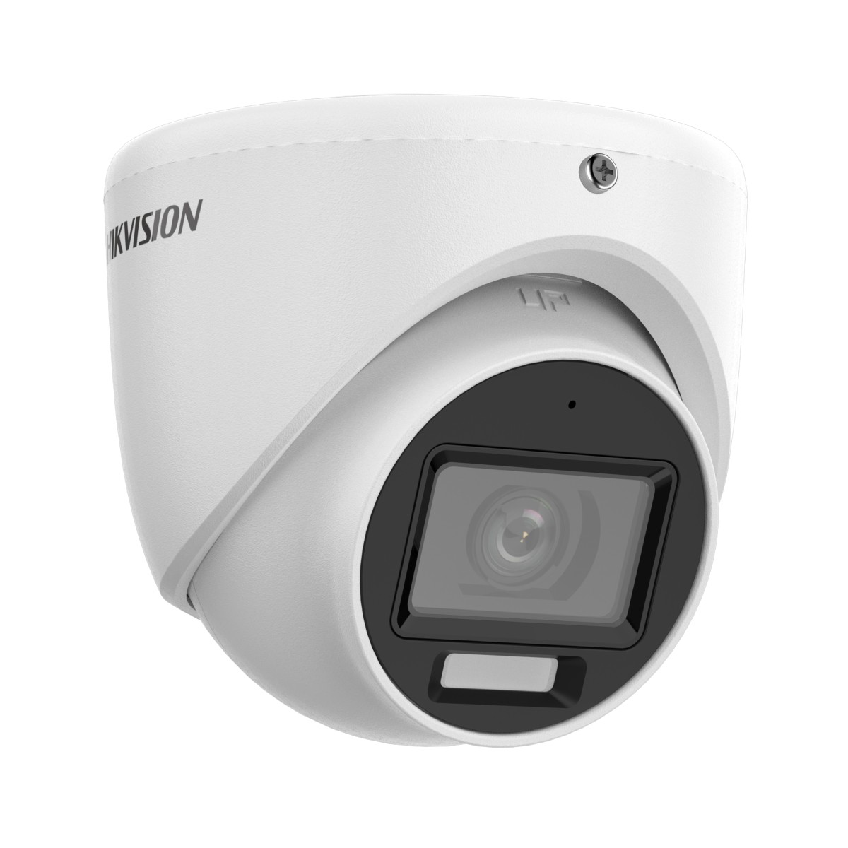 Una telecamera di sorveglianza Hikvision bianca con obiettivo nero e testa a vite argentata.